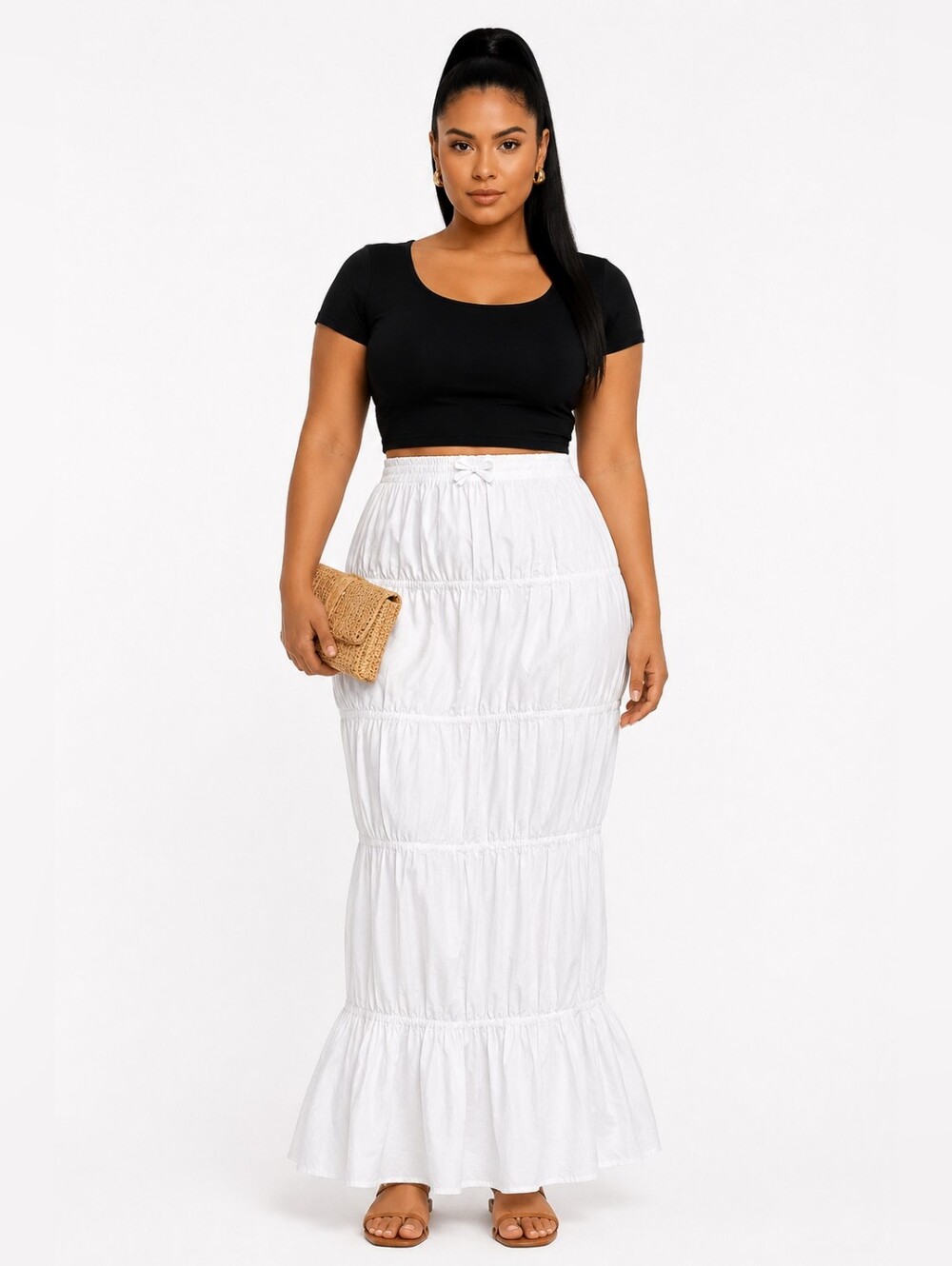 The Kript White Ruched Tiered Maxi Skirt,  100% Cotton. Size XL